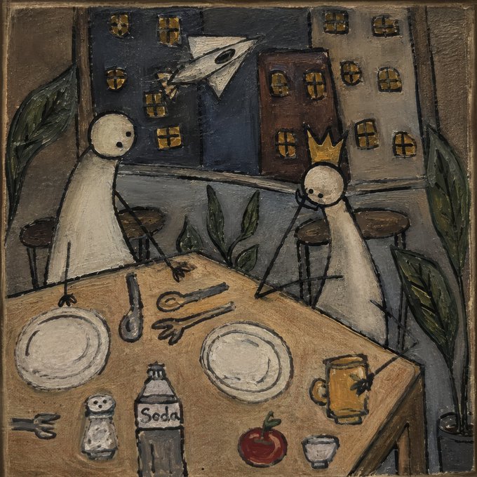 A folk art-style painting of two simple white figures sitting at a table set with plates, utensils, a soda bottle, an apple, and a coffee mug, with a paper airplane floating near a window showing buildings at night.