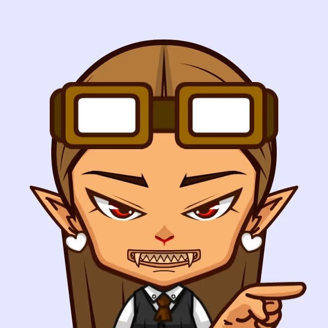 A chibi-style anime character with brown hair, goggles on her head, red eyes, heart earrings, and fangs while pointing to the side.
