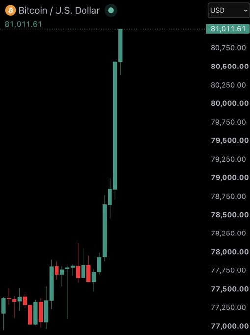 Bitcoin/USD trading chart showing a sharp upward price spike to 81,011.61, with the Y-axis ranging from 77,000 to 80,750 displayed in green on a dark background.