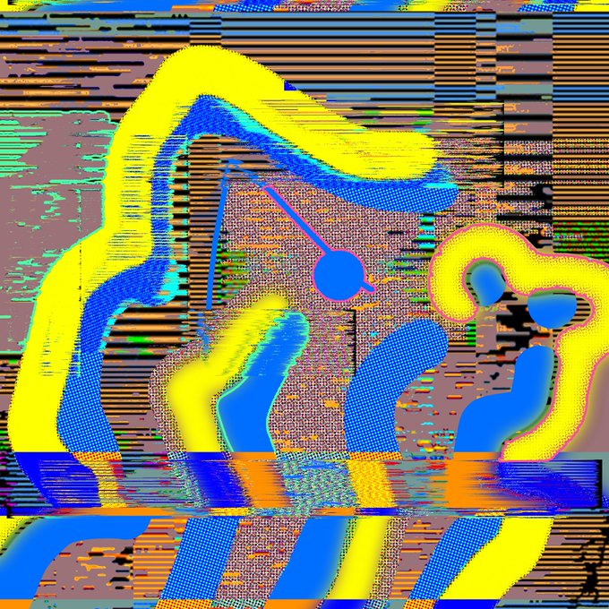 An abstract, glitch-art style image displays a stylized figure rendered in vibrant neon yellow and blue against a heavily distorted, pixelated background.