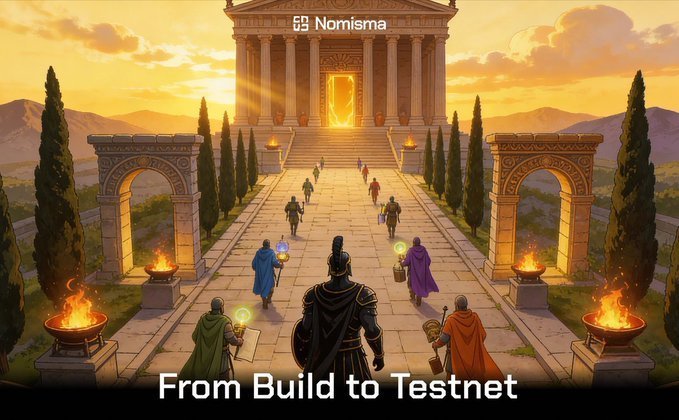 A promotional graphic for Nomisma showing a grand ancient temple with robed figures approaching, with text reading 'From Build to Testnet'.