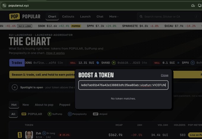 A screenshot of popularsui.xyz website showing the launchpad aggregator chart, with a "BOOST A TOKEN" popup displaying a token contract address that returns "No token matches."
