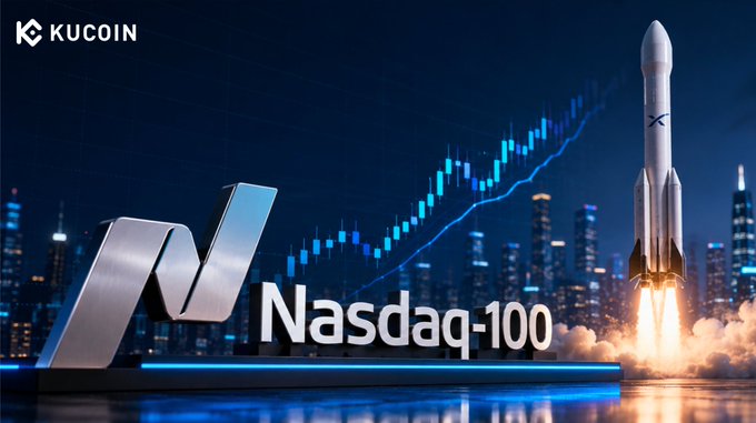 A KuCoin-branded promotional graphic features the metallic Nasdaq-100 logo in the foreground against a city skyline at night, with a stock chart trending upward and a SpaceX rocket lifting off, visually reinforcing the post's message about SpaceX's July 7 entry into the Nasdaq-100 and the resulting capital rotation.