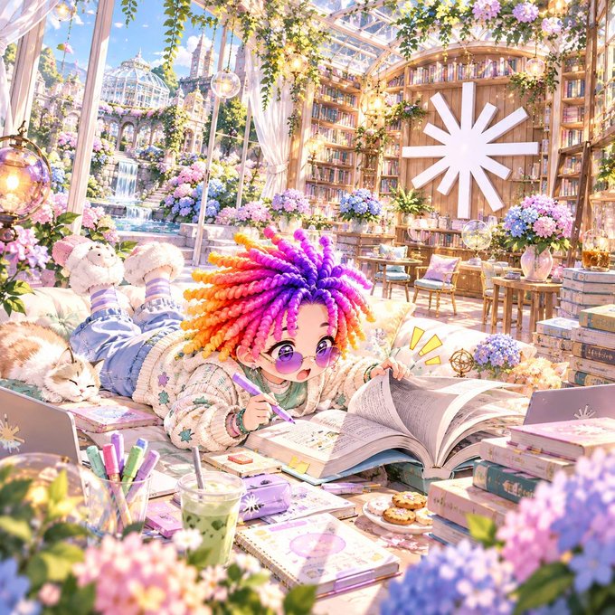 A vibrant digital artwork of a girl with colorful rainbow dreadlocks and round glasses writing in a notebook, surrounded by books, flowers, and a cat in a cozy library setting.