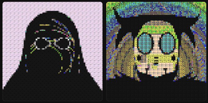 Two pixelated mosaic portraits side-by-side: one of a person with dark hair and round glasses on a white background, and another of an anime-style character with cat ears and large cyan eyes.
