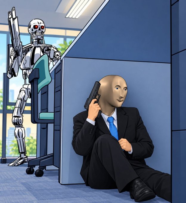 An illustration showing a man in a suit and featureless mask sitting on the floor holding a pistol, while a skeletal Terminator-like robot with a weapon stands behind him.