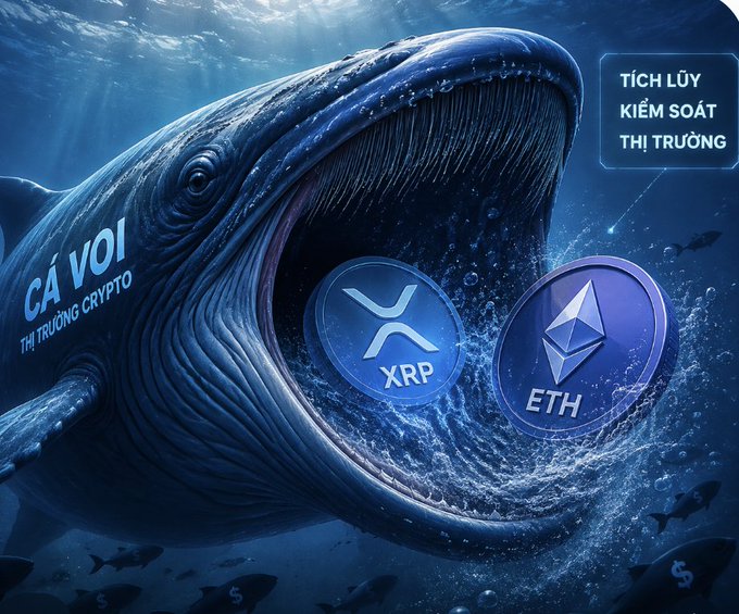 An underwater illustration of a whale with its mouth open, containing XRP and ETH cryptocurrency coins, with Vietnamese text including 'CÁ VOI THỊ TRƯỜNG CRYPTO' and 'TÍCH LŨY KIỂM SOÁT THỊ TRƯỜNG'.