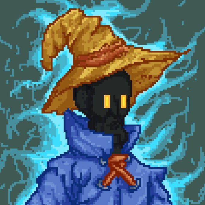 A pixel art illustration of a dark-silhouetted figure with glowing yellow eyes wearing a pointed yellow wizard/witch hat and a blue robe with a red bow, set against a teal background with crackling energy lines.