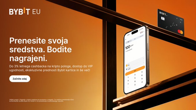 A Bybit EU advertisement in Slovenian ('Prenesite svoja sredstva. Bodite nagrajeni.') promoting up to 3% cashback on crypto purchases, VIP benefits, and Bybit card advantages, with a phone displaying a calculator interface and a Bybit card.