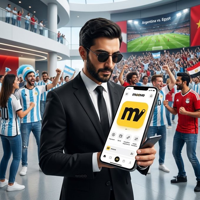 A man in a black suit and sunglasses holds a smartphone displaying a yellow 'm' (moove) app logo, while Argentina vs. Egypt plays on a stadium screen and fans in team jerseys cheer behind him.