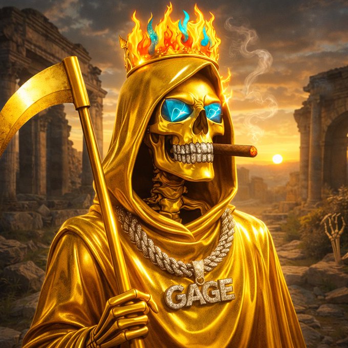 A golden skull wearing a flaming crown and gold chains holds a scythe in ancient ruins at sunset, with a diamond "GAGE" pendant and grillz spelling out the name—matching the post's "Gm gm let's get the bag" energy by depicting the "Gage" as a regal, reaper-like crypto king ready to collect profits on Friday.