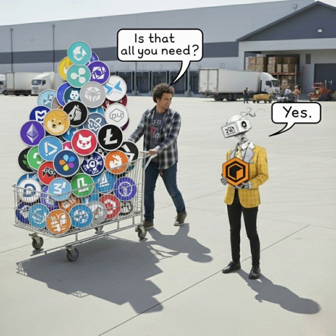 A surreal scene in a warehouse loading dock where a man pushes a shopping cart overflowing with various cryptocurrency logos, asking "Is that all you need?" to a robot in a yellow suit holding a single token, which replies "Yes."