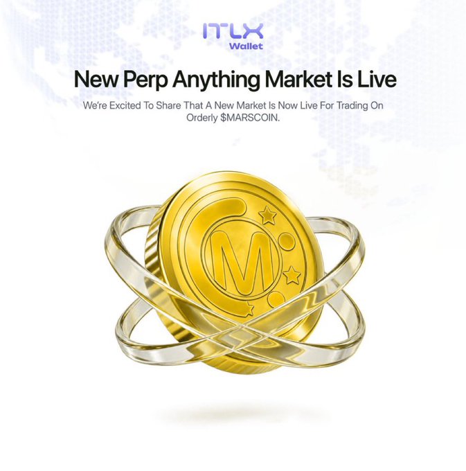 Promotional graphic for ITLX Wallet's 'New Perp Anything Market' featuring a golden coin with the letter 'M' and text about trading $MARSCOIN.