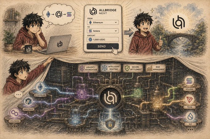 An illustrated graphic for "ALLBRIDGE NEXT," depicting a user bridging assets from Ethereum to Solana, alongside complex machinery connected to various blockchains like Polygon, Arbitrum, and Tron.