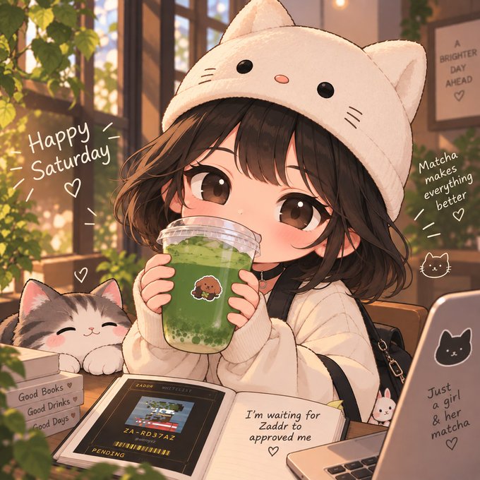 A cute anime-style illustration of a girl in a white cat-eared beanie holding a green matcha drink, surrounded by cats, plants, and phrases like 'Happy Saturday', 'Matcha makes everything better', and 'I'm waiting for Zaddr to approved me'.