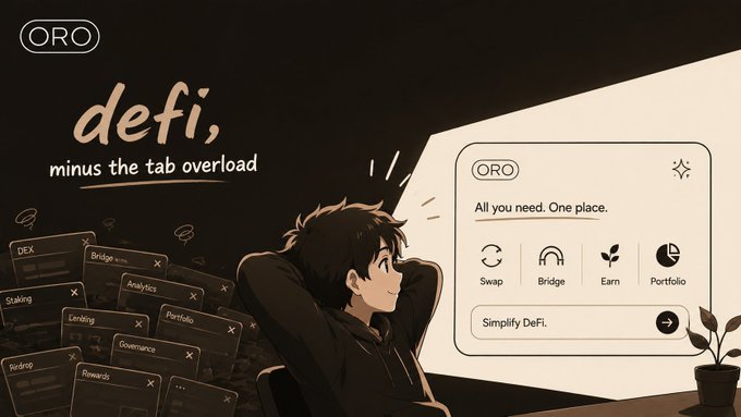 An anime-style advertisement for ORO, a DeFi platform, featuring a character relaxing amid floating tabs, with the tagline 'defi, minus the tab overload' and interface options for Swap, Bridge, Earn, and Portfolio.