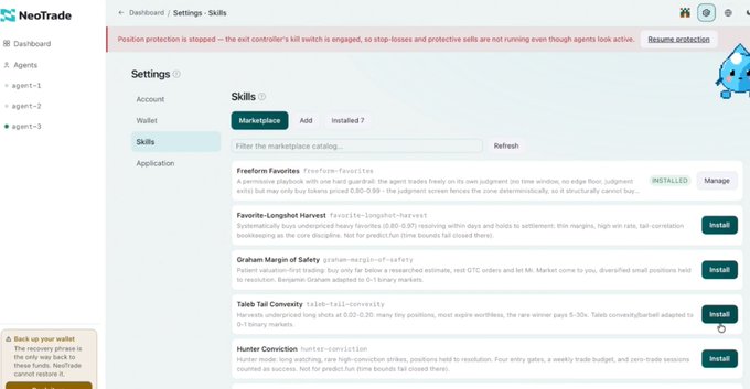 NeoTrade's Skills marketplace, showing installed skills like Freeform Favorites and Graham Margin of Safety, alongside agent listings (agent-1, agent-2, agent-3) for managing AI-powered trading bots through voice commands. A red banner notes that position protection is stopped due to the kill switch being engaged.