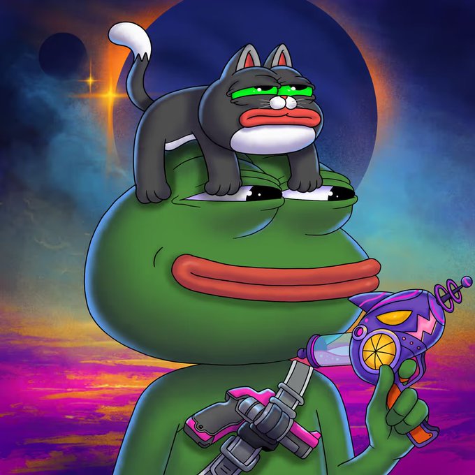 A cartoon illustration of a green Pepe the Frog character holding a colorful sci-fi ray gun, with a grumpy gray cat wearing green goggles perched on its head against a cosmic background.