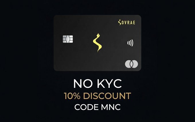 A Sovrae credit card on a black background advertising 'NO KYC', '10% DISCOUNT', and 'CODE MNC'.