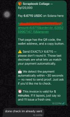 A screenshot of a Scryptosk College (5/21/25) chat message informing a user they have 8,671 USDC on Solana, with instructions to send it to a specific address and warnings about last-decimal accuracy and automatically refunding mismatched amounts within ~30 seconds. The image illustrates a user's available USDC balance on Solana, relevant to the post about building a USDC on Solana payment desk.