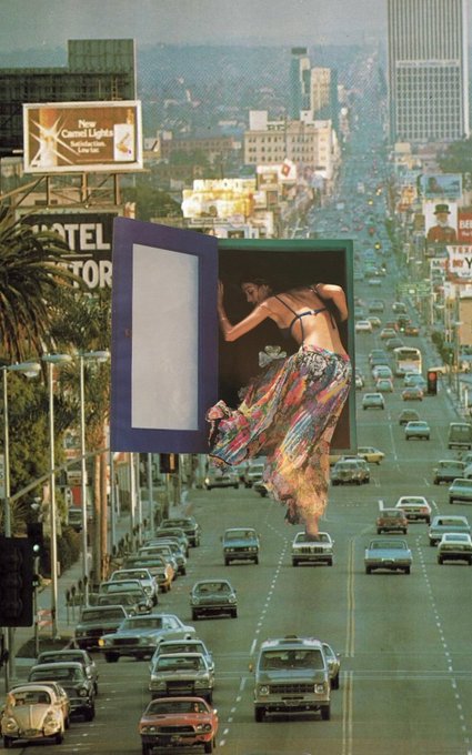 Surrealist collage art depicting a woman in a flowing floral skirt climbing out of a floating blue picture frame and door, superimposed over a vintage photograph of a busy Los Angeles freeway filled with cars, with a 'New Crest Lights' billboard visible.