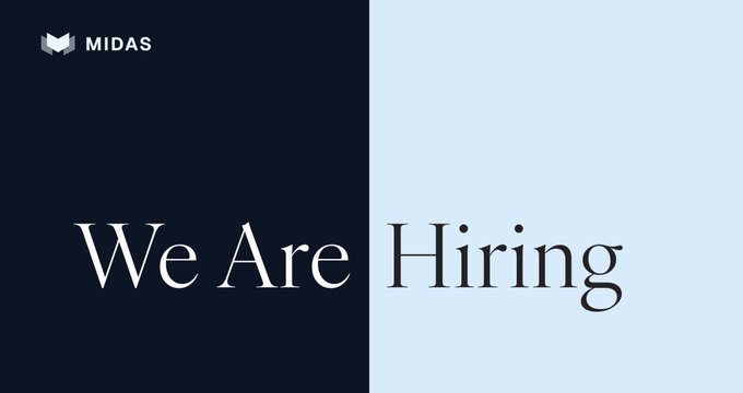 A "We Are Hiring" recruitment graphic from Midas, featuring the company logo in the top-left corner, announcing open roles for a KYC/AML Analyst, Working Student in Finance Operations, and Social Media & Content Editor to help build onchain investment products.