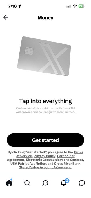 A mobile app screen titled 'Money' advertises a custom metal Visa debit card, featuring a prominent black 'Get started' button and legal text mentioning terms of service and Cross River Bank.