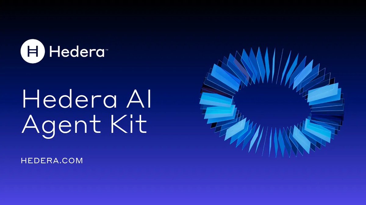 Promotional graphic for the Hedera AI Agent Kit, featuring the Hedera logo (H) in the top left, the product title "Hedera AI Agent Kit" alongside the URL "HEDERA.COM," and a stylized blue circular emblem on the right composed of layered rectangular shapes resembling a digital ring or aperture. The image visually reinforces the post by branding the toolkit as the foundational infrastructure developers can use to build intelligent, transaction-capable AI agents on the Hedera network.