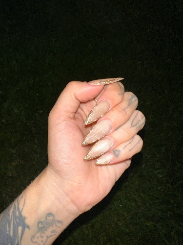 A close-up of a hand with long, glittery stiletto nails featuring gold accents, with tattoos visible on the fingers and wrist against a dark grass background.