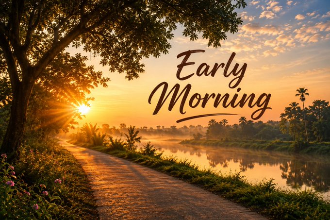 A serene sunrise scene featuring a path alongside a calm river, framed by a large tree with golden light streaming through the leaves, paired with the stylized text "Early Morning." The tranquil dawn imagery visually reinforces the post's motivational message about starting the day with a fresh mind and new opportunities, while symbolically supporting the bullish sentiment for River Inc.