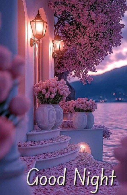 A romantic digital artwork depicting a pink and purple twilight scene with a staircase leading to a balcony adorned with tulips, street lamps, and a cherry blossom tree over water, captioned 'Good Night'.