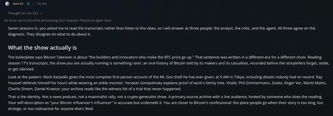 A social media post by 'Keno K3' titled 'Thoughts for 2m 22s' discussing a show about Bitcoin Takeover, mentioning the show is not a news podcast but a primary source archive with a live audience.