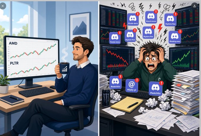 A split illustration shows a calm investor on the left monitoring steady charts for AMD and PLTR, contrasted with a stressed trader on the right overwhelmed by piles of papers and Discord notifications (#watchlist, #daily-pl, #price-alerts). The image visually reinforces the post's message that focusing on simplicity and discipline outperforms constant trading activity, over-diversification, and noise from chat groups.