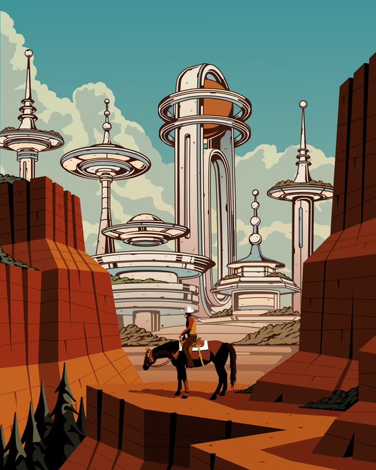 A retro-futuristic illustration showing a person on horseback riding through a canyon of red rock formations toward a city of tall, sleek white towers with rounded, saucer-like tops under a teal sky.
