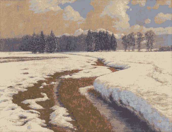 A pixelated or pointillist-style painting depicting a snowy landscape with a meandering stream of exposed earth, bordered by a line of dark trees and a mountain under a cloudy sky.
