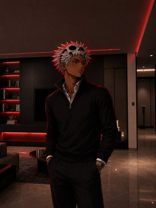An anime-style illustration of a spiky-haired character with sunglasses on his head, wearing a black zip-up sweater in a dark modern interior with red accent lighting.