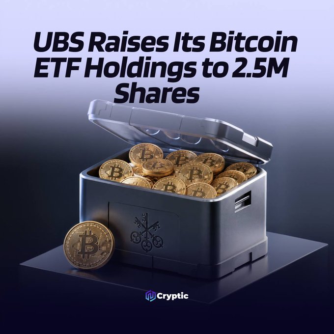 A bold "UBS Raises Its Bitcoin ETF Holdings to 2.5M Shares" headline sits above an image of an open vault overflowing with Bitcoin coins, visually reinforcing UBS's $90 million expansion in BlackRock's iShares Bitcoin Trust (IBIT) shares.