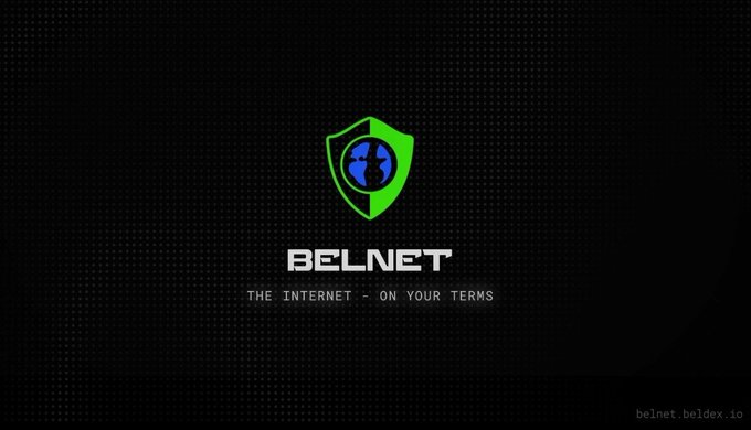 A black background displaying the green and blue BELNET shield logo with the tagline 'THE INTERNET - ON YOUR TERMS' and website belnet.beldex.io.