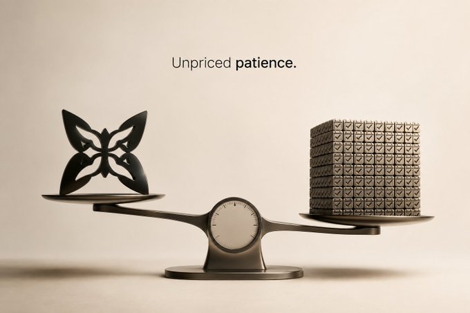 A conceptual image of a balance scale weighing a delicate butterfly sculpture on one side against a large stack of bars on the other, accompanied by the text 'Unpriced patience.'