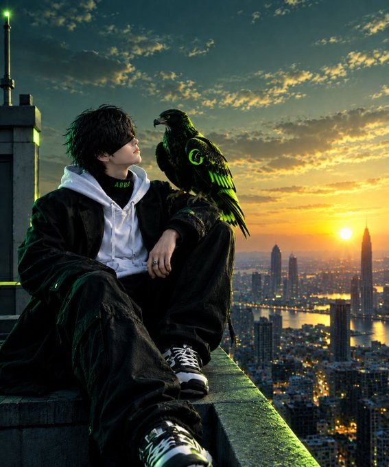 A digital artwork depicting a young man in dark clothing with a white hoodie sitting on a rooftop ledge with a green-eyed black bird, overlooking a sunset cityscape.