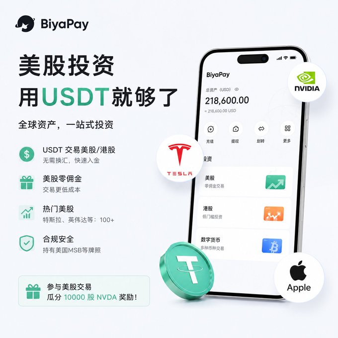 The image features a cell phone with an advertisement for Bitcoin Pay, which is displayed in both Chinese and English. The advertisement includes various symbols related to cryptocurrency, such as Bitcoins and Ethers, along with other currency symbols like USDT and EURO. The text on the screen reads "Biyapay USDT", indicating that the app is designed for USDT payments.