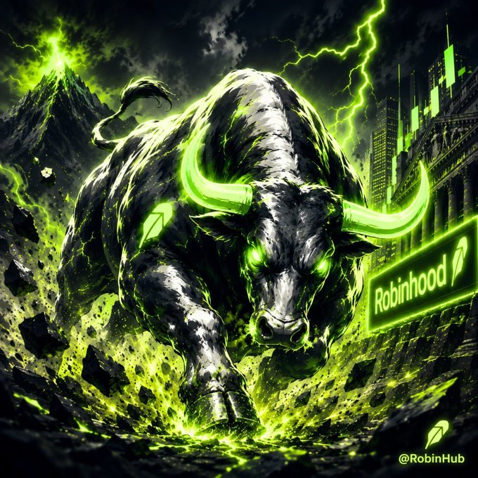 A powerful black bull with glowing neon green eyes and horns charges forward amid dramatic lightning and shattering rocks, with the "Robinhood" logo visible in the background—symbolizing a bullish breakout on the crypto markets to match the post's triumphant "Big month" announcement.