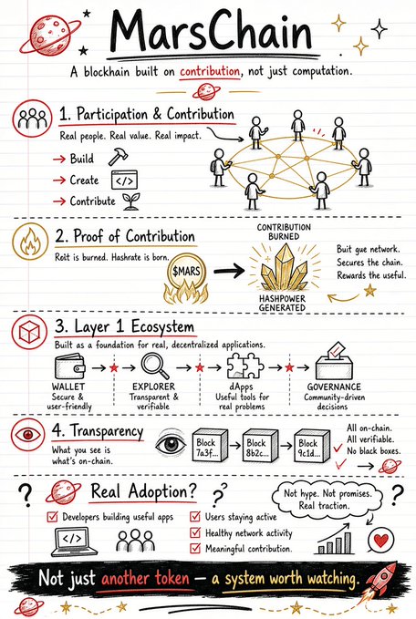 An infographic titled 'MarsChain' describes a blockchain built on contribution rather than just computation, outlining four pillars: Participation & Contribution, Proof of Contribution, Layer 1 Ecosystem, and Transparency, with the tagline 'Not just another token — a system worth watching.'