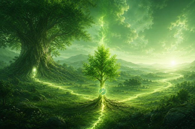 The image features a tree with a lightning bolt coming out of its trunk, surrounded by a lush green landscape that includes mountains and fields. The scene also contains text that reads "Most chains trap you the moment you deploy. Want to switch ecosystems? Hard Want your own infrastructure? Build it from scratch @CNPYNetwork is different". This message seems to be related to the tree's unique ability to harness lightning energy, which could potentially revolutionize the way we think about power generation and sustainability in various ecosystems.

The image also includes a person standing near the base of the tree, possibly observing or interacting with it. The overall atmosphere of the scene is one of wonder and awe at the natural world's incredible ability to harness energy from lightning strikes for our benefit.