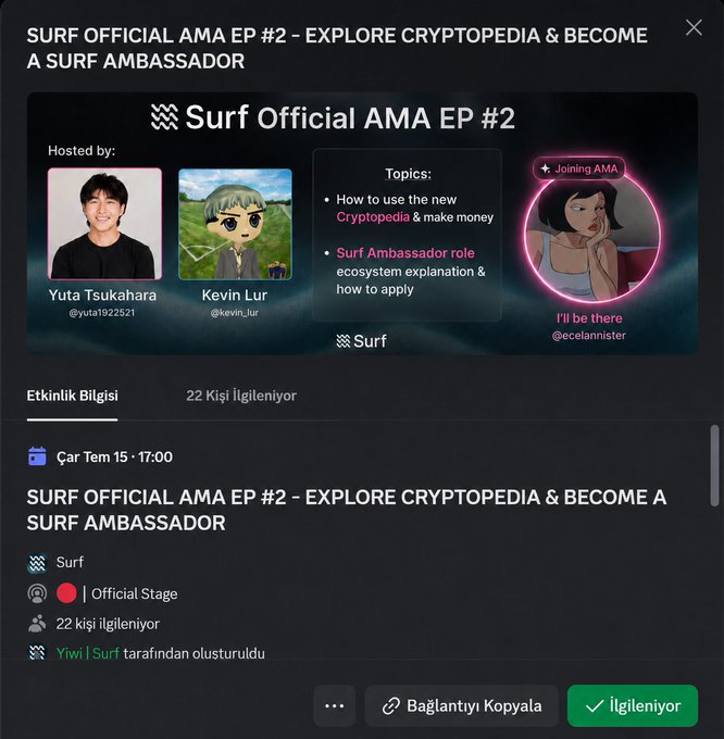 A Discord event page announces 'SURF OFFICIAL AMA EP #2 - EXPLORE CRYPTOPEDIA & BECOME A SURF AMBASSADOR', hosted by Yuta Tsukahara and Kevin Lur with 22 people interested.