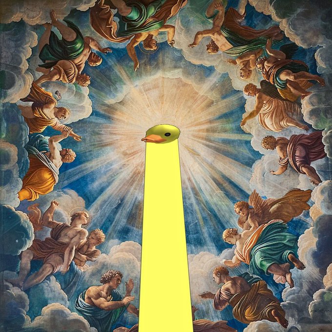 A Renaissance-style painting of angels and figures in the clouds looking toward a central bright light, with a yellow cartoon duck head and long neck composited in the middle.
