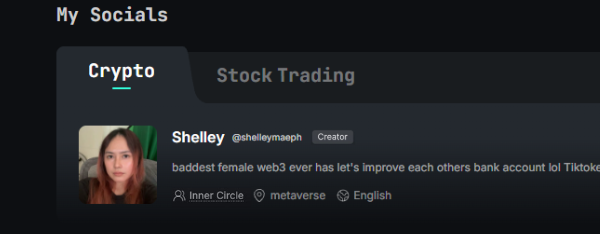 A 'My Socials' profile section displays a user named 'Shelley' (@shelleymaph) with a 'Creator' badge, listing interests as 'Inner Circle,' 'metaverse,' and 'English' under the 'Crypto' tab.