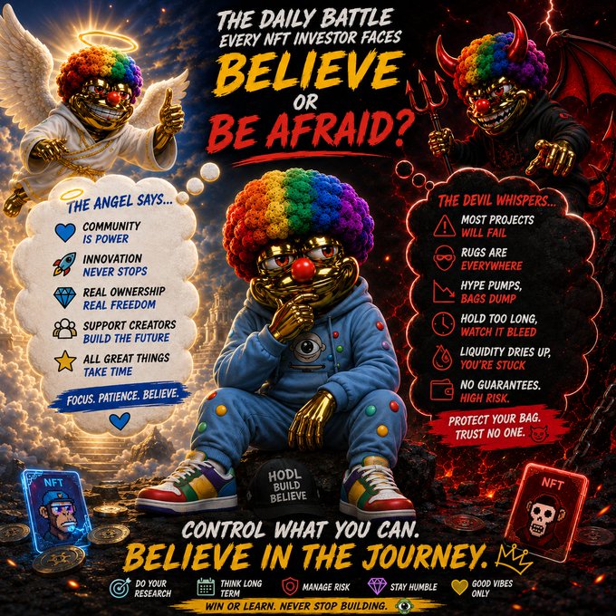 A colorful NFT promotional graphic titled 'THE DAILY BATTLE EVERY NFT INVESTOR FACES BELIEVE OR BE AFRAID?' featuring a clown character between an angel and devil, listing pros and cons of investing.