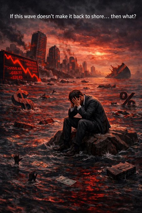 An apocalyptic digital illustration showing a businessman sitting on a rock in flooded ruins with a sinking ship, stock chart, and dollar signs in the background; text reads 'If this wave doesn't make it back to shore... then what?'