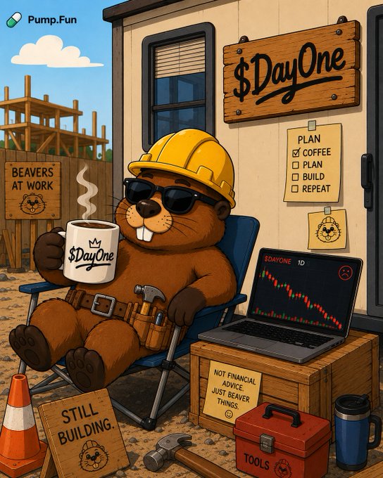 A cartoon-style meme shows a man in a hospital gown sitting across from a "police officer" in an interrogation-style room, with text reading "Les frères Chaoui" and "Bazooka Boualem." The image satirizes the post "Coffee first. Then we build $DayOne" by depicting a bleak scenario of a detained patient, suggesting that building the $DayOne token may lead to dire consequences.